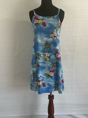 Basic Editions Tropical Hawaiian Mini Dress Blue Beachy Vacation Aesthetic